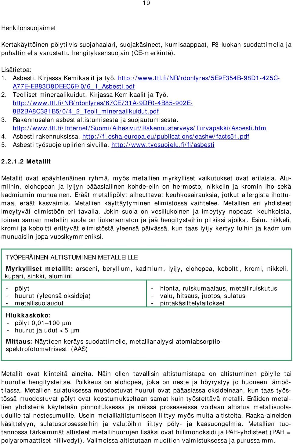 pdf 3. Rakennusalan asbestialtistumisesta ja suojautumisesta. http://www.ttl.fi/internet/suomi/aihesivut/rakennusterveys/turvapakki/asbesti.htm 4. Asbesti rakennuksissa. http://fi.osha.europa.