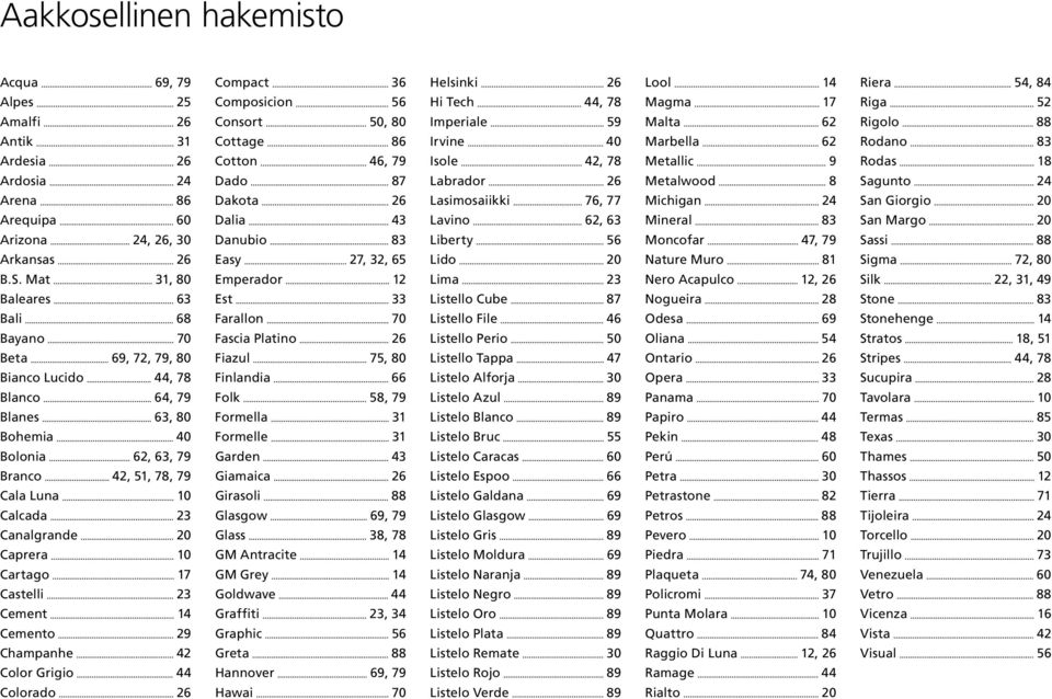 20 Caprera 10 Cartago 17 Castelli 23 Cement 14 Cemento 29 Champanhe 42 Color Grigio 44 Colorado 26 Compact 36 Composicion 56 Consort 50, 80 Cottage 86 Cotton 46, 79 Dado 87 Dakota 26 Dalia 43 Danubio