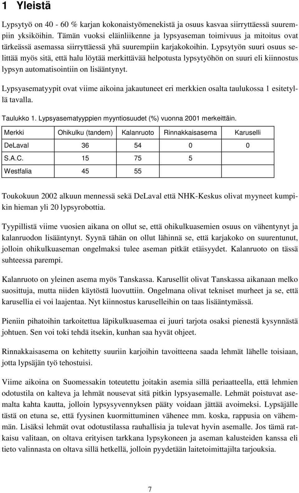 Lypsytyön suuri osuus selittää myös sitä, että halu löytää merkittävää helpotusta lypsytyöhön on suuri eli kiinnostus lypsyn automatisointiin on lisääntynyt.