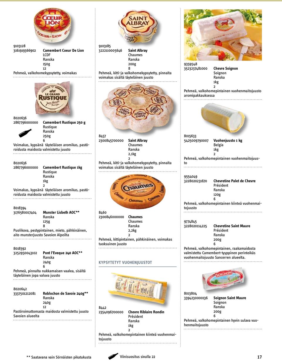 aromikas, pastöroidusta maidosta valmistettu juusto 8003 8779000000 Camembert Rustique kg Rustique kg Voimakas, kypsänä täyteläisen aromikas, pastöroidusta maidosta valmistettu juusto 80839 3780070