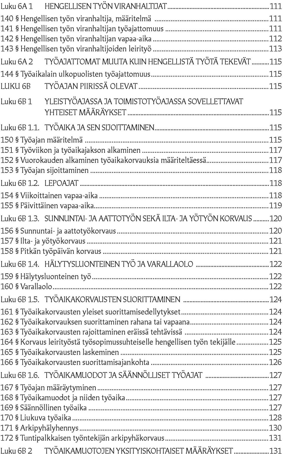 ..115 LUKU 6B TYÖAJAN PIIRISSÄ OLEVAT...115 Luku 6B 1 YLEISTYÖAJASSA JA TOIMISTOTYÖAJASSA SOVELLETTAVAT YHTEISET MÄÄRÄYKSET...115 Luku 6B 1.1. TYÖAIKA JA SEN SIJOITTAMINEN...115 150 Työajan määritelmä.