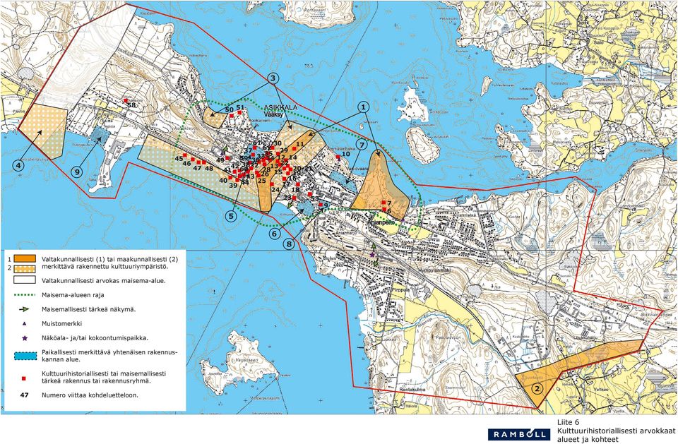 Maisema-alueen raja Maisemallisesti tärkeä näkymä. Muistomerkki Näköala- ja/tai kokoontumispaikka. Paikallisesti merkittävä yhtenäisen rakennuskannan alue.