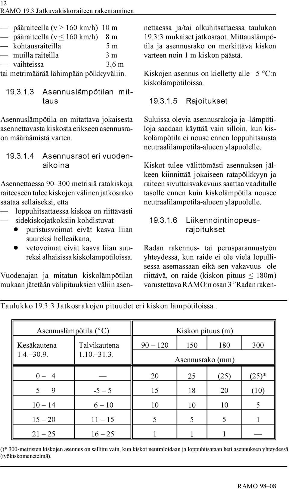 19.3.1.3 Asennuslämpötilan mittaus Asennuslämpötila on mitattava jokaisesta asennettavasta kiskosta erikseen asennusraon määräämistä varten. 19.3.1.4 Asennusraot eri vuodenaikoina Asennettaessa 90