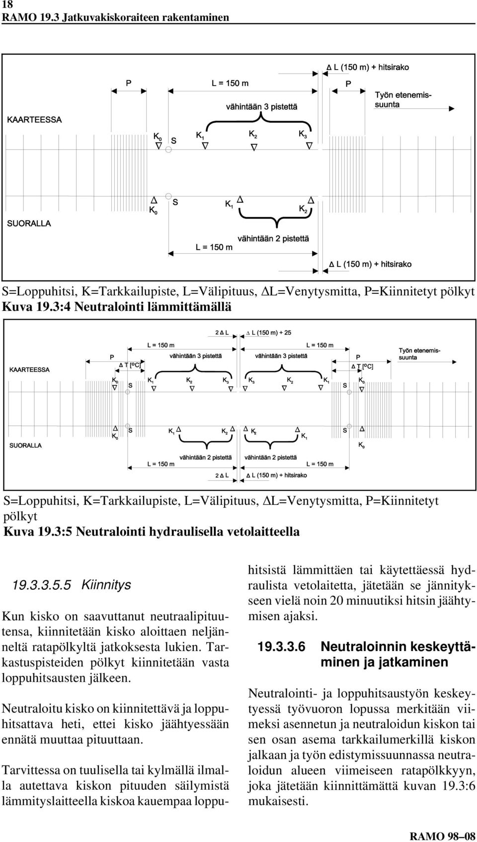 Neutralointi hydraulisella vetolaitteella 19.3.3.5.5 Kiinnitys Kun kisko on saavuttanut neutraalipituutensa, kiinnitetään kisko aloittaen neljänneltä ratapölkyltä jatkoksesta lukien.