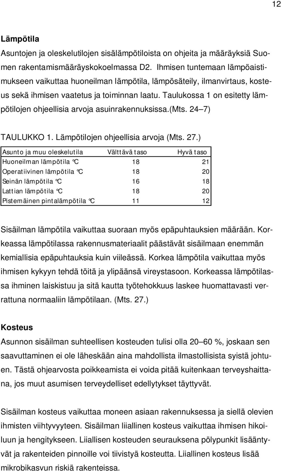 Taulukossa 1 on esitetty lämpötilojen ohjeellisia arvoja asuinrakennuksissa.(mts. 24 7) TAULUKKO 1. Lämpötilojen ohjeellisia arvoja (Mts. 27.