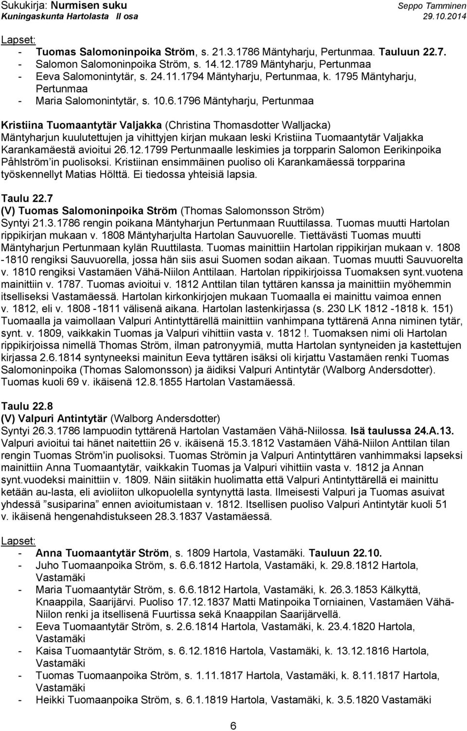 1796 Mäntyharju, Pertunmaa Kristiina Tuomaantytär Valjakka (Christina Thomasdotter Walljacka) Mäntyharjun kuulutettujen ja vihittyjen kirjan mukaan leski Kristiina Tuomaantytär Valjakka Karankamäestä