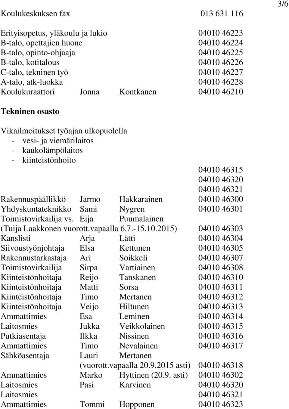 kiinteistönhoito 04010 46315 04010 46320 04010 46321 Rakennuspäällikkö Jarmo Hakkarainen 04010 46300 Yhdyskuntateknikko Sami Nygren 04010 46301 Toimistovirkailija vs.