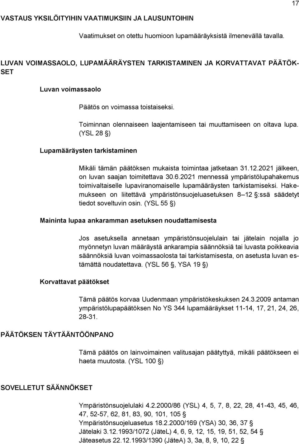 (YSL 28 ) Lupamääräysten tarkistaminen Mikäli tämän päätöksen mukaista toimintaa jatketaan 31.12.2021 jälkeen, on luvan saajan toimitettava 30.6.