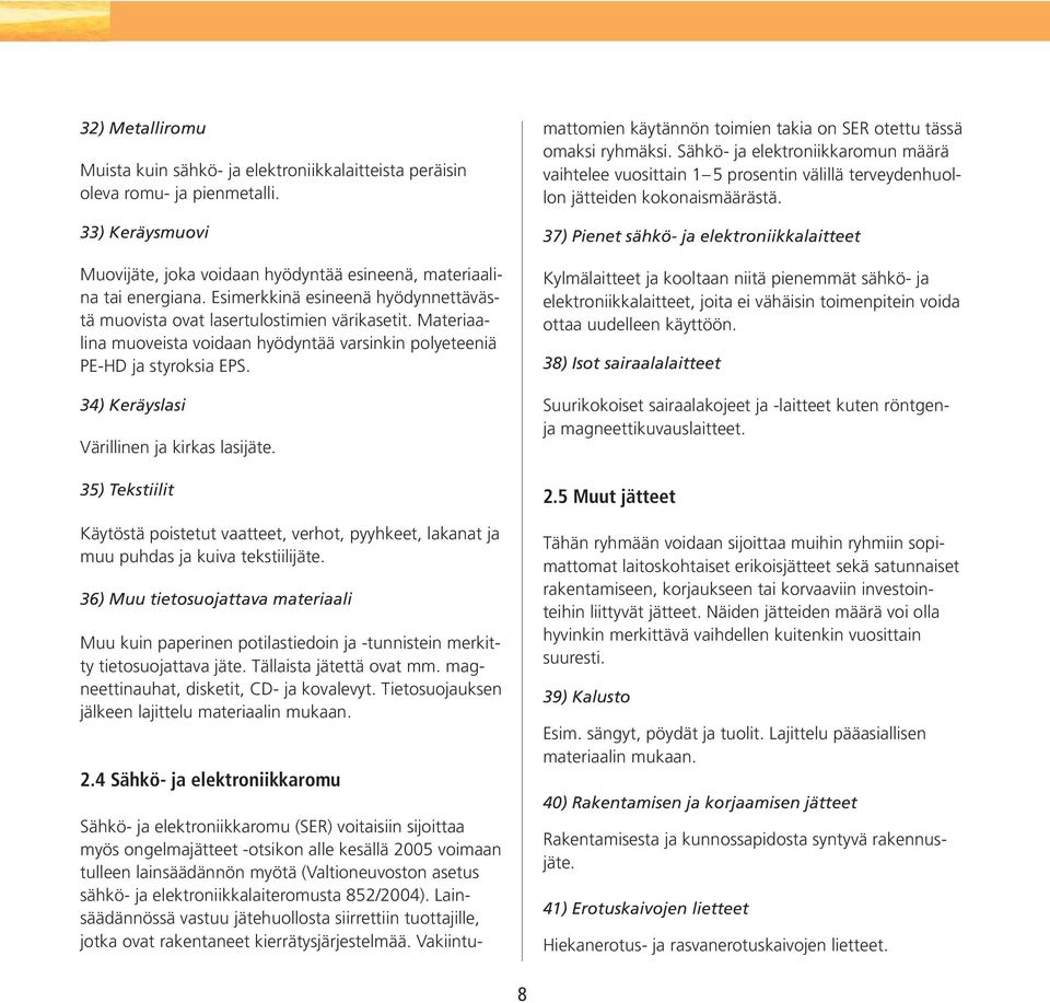 34) Keräyslasi Värillinen ja kirkas lasijäte. 35) Tekstiilit Käytöstä poistetut vaatteet, verhot, pyyhkeet, lakanat ja muu puhdas ja kuiva tekstiilijäte.