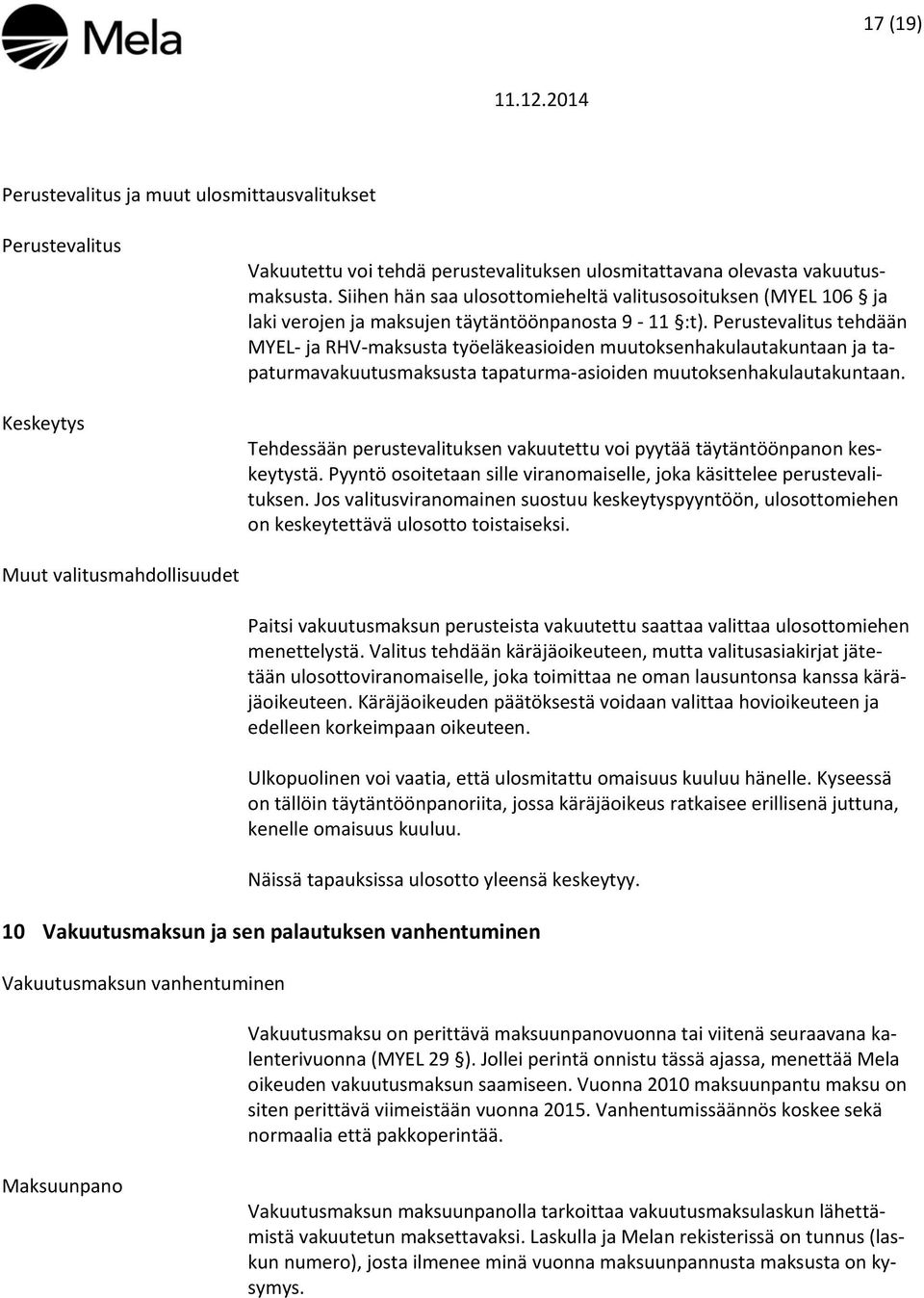 Perustevalitus tehdään MYEL- ja RHV-maksusta työeläkeasioiden muutoksenhakulautakuntaan ja tapaturmavakuutusmaksusta tapaturma-asioiden muutoksenhakulautakuntaan.