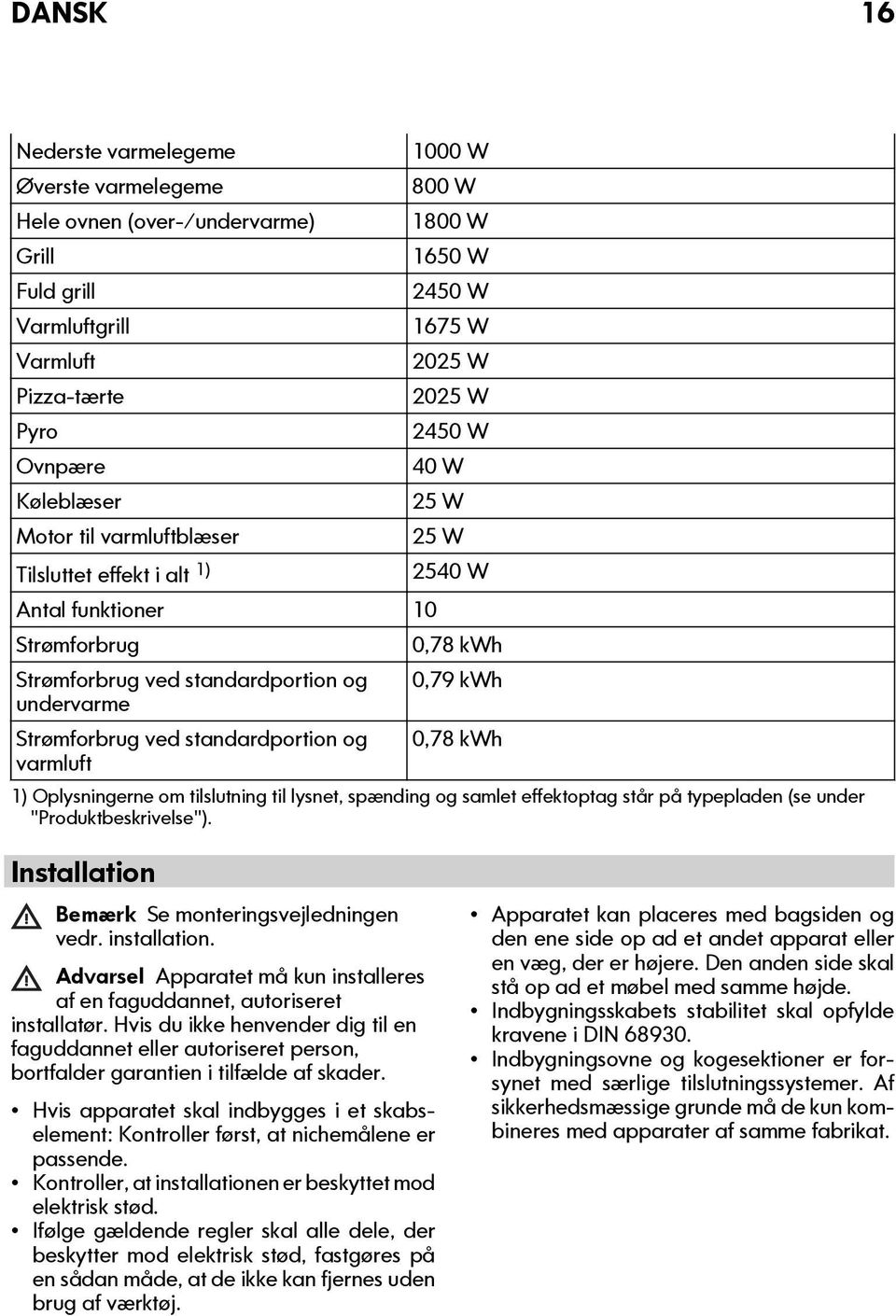 Strømforbrug ved standardportion og 0,78 kwh varmluft 1) Oplysningerne om tilslutning til lysnet, spænding og samlet effektoptag står på typepladen (se under "Produktbeskrivelse").