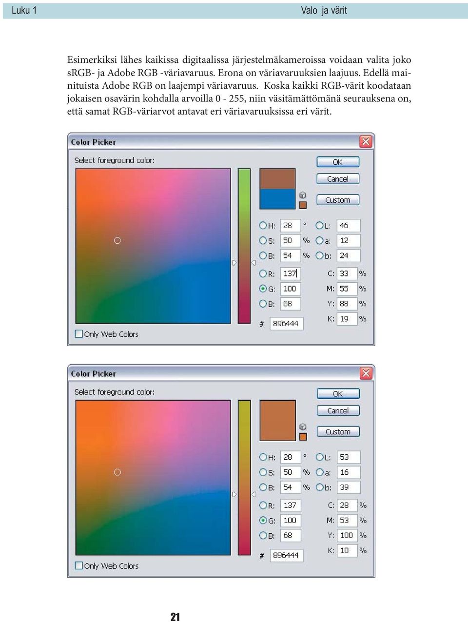 Edellä mainituista Adobe RGB on laajempi väriavaruus.