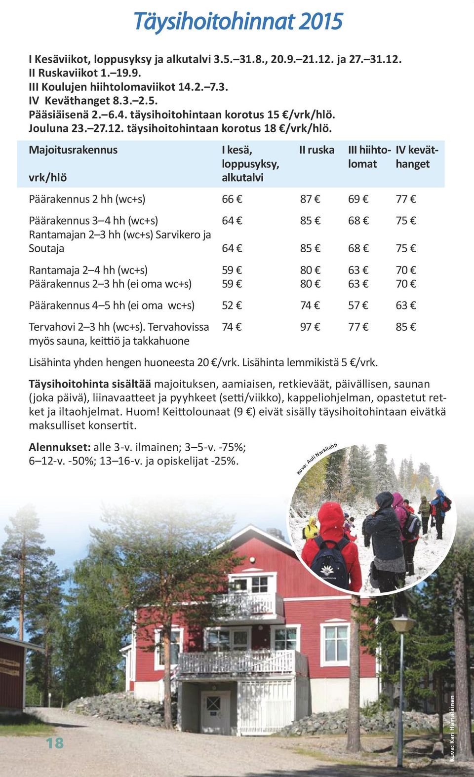 Majoitusrakennus I kesä, II ruska III hiihto- IV kevätloppusyksy, lomat hanget vrk/hlö alkutalvi Päärakennus 2 hh (wc+s) 66 87 69 77 Päärakennus 3 4 hh (wc+s) 64 85 68 75 Rantamajan 2 3 hh (wc+s)