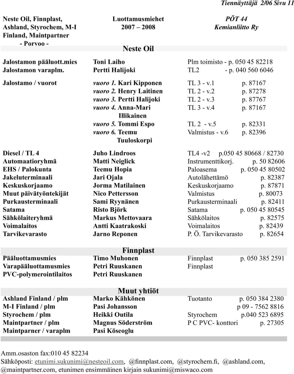 Tommi Espo vuoro 6. Teemu Tuuloskorpi Tiennäyttäjä 2/06 Sivu 11 PÖT 44 Kemianliitto Ry Plm toimisto - p. 050 45 82218 TL2 - p. 040 560 6046 TL 3 - v.1 p. 87167 TL 2 - v.2 p. 87278 TL 2 - v.3 p.