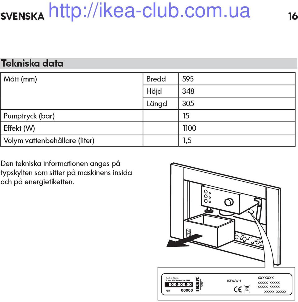 305 Pumptryck (bar) 15 Effekt (W) 1100 Volym vattenbehållare