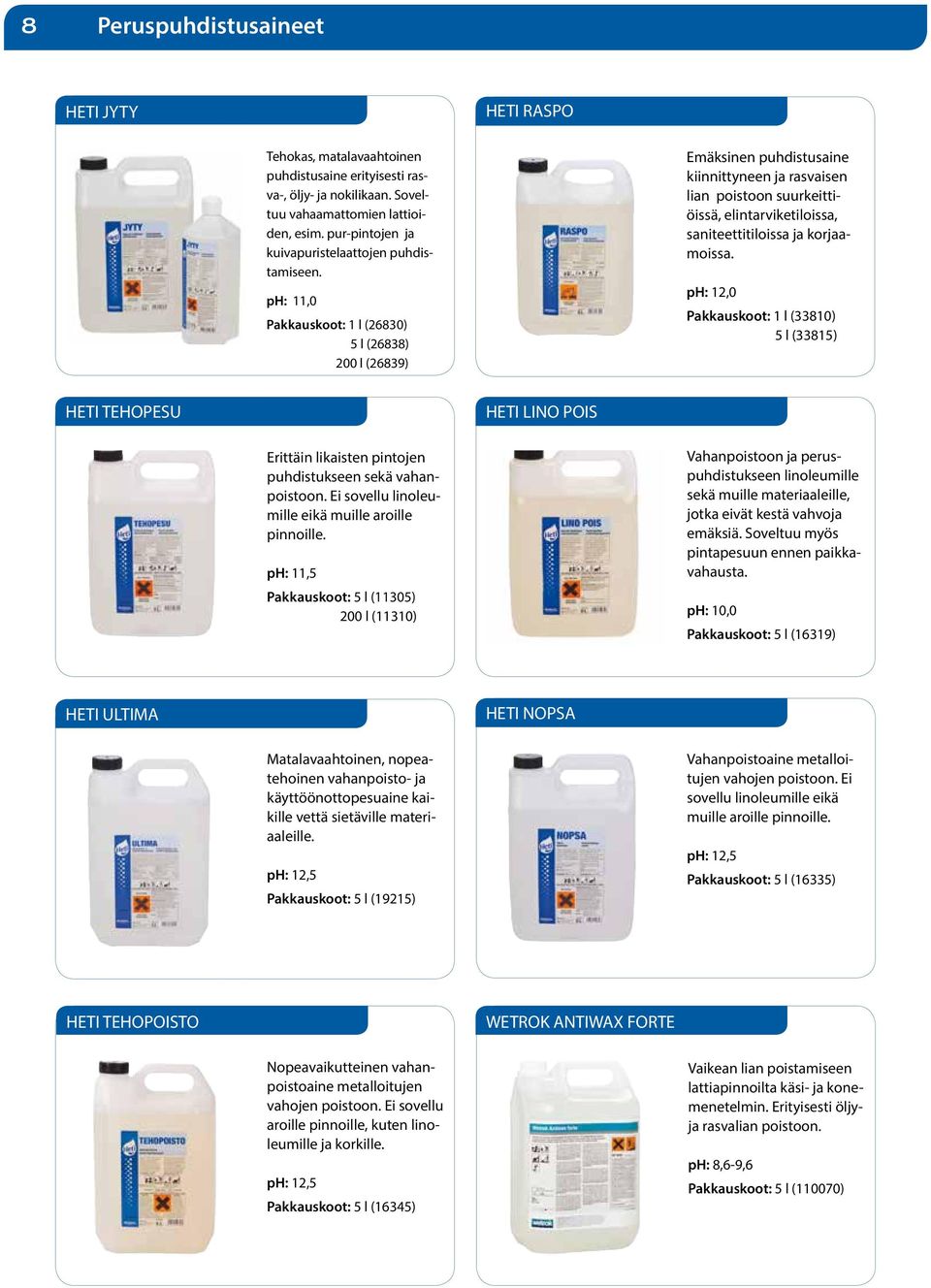 ph: 11,0 Pakkauskoot: 1 l (26830) 5 l (26838) 200 l (26839) Emäksinen puhdistusaine kiinnittyneen ja rasvaisen lian poistoon suurkeittiöissä, elintarviketiloissa, saniteettitiloissa ja korjaamoissa.