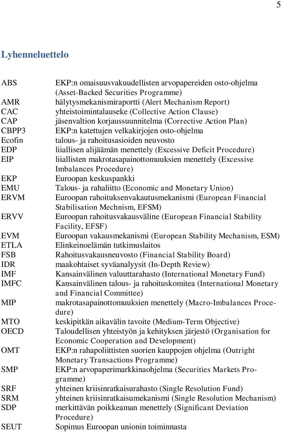 katettujen velkakirjojen osto-ohjelma talous- ja rahoitusasioiden neuvosto liiallisen alijäämän menettely (Excessive Deficit Procedure) liiallisten makrotasapainottomuuksien menettely (Excessive