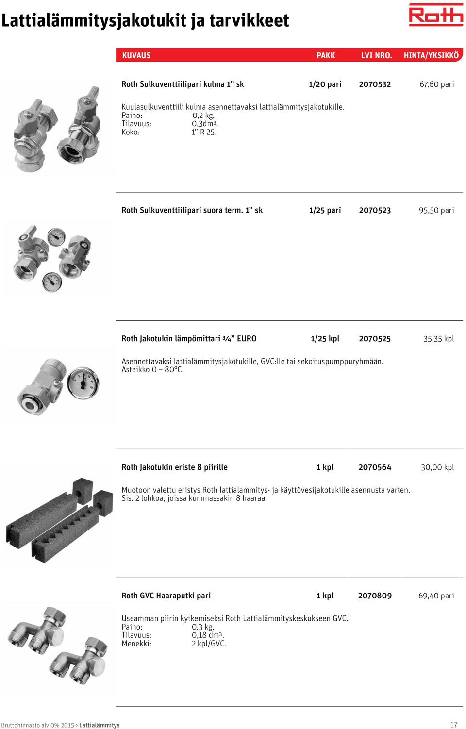 1 sk 1/25 pari 2070523 95,50 pari Roth Jakotukin lämpömittari ¾ EURO 1/25 kpl 2070525 35,35 kpl Asennettavaksi lattialämmitysjakotukille, GVC:lle tai sekoituspumppuryhmään. Asteikko 0 80 C.