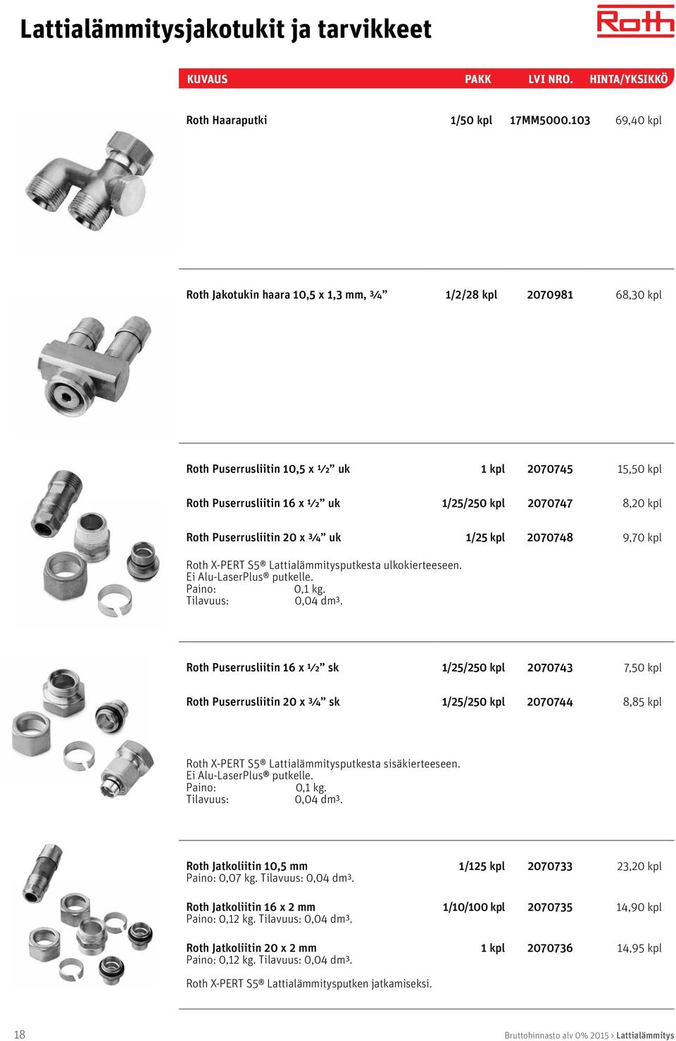 Puserrusliitin 20 x ¾ uk 1/25 kpl 2070748 9,70 kpl Roth X-PERT S5 Lattialämmitysputkesta ulkokierteeseen. Ei Alu-LaserPlus putkelle. 0,1 kg. Tilavuus: 0,04 dm³.