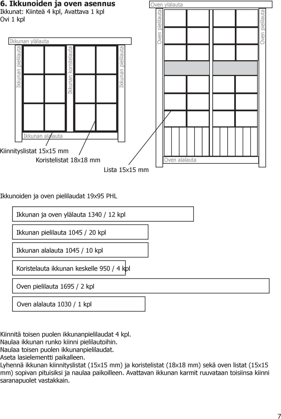 pielilauta 1045 / 20 kpl Ikkunan alalauta 1045 / 10 kpl Koristelauta ikkunan keskelle 950 / 4 kpl Oven pielilauta 1695 / 2 kpl Oven alalauta 1030 / 1 kpl Kiinnitä toisen puolen ikkunanpielilaudat 4
