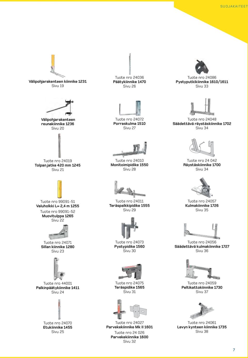 nro 24 042 Räystäskiinnike 1700 Sivu 34 Tuote nro 99091-51 Valuholkki L= 2,4 m 1255 Tuote nro 99091-52 Muovitulppa 1265 Sivu 22 Tuote nro 24011 Teräspalkkipidike 1555 Sivu 29 Tuote nro 24057