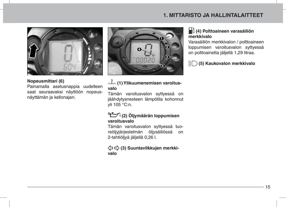 (5) Kaukovalon merkkivalo Nopeusmittari (6) Painamalla asetusnappia uudelleen saat seuraavaksi näyttöön nopeusnäyttämän ja kellonajan.