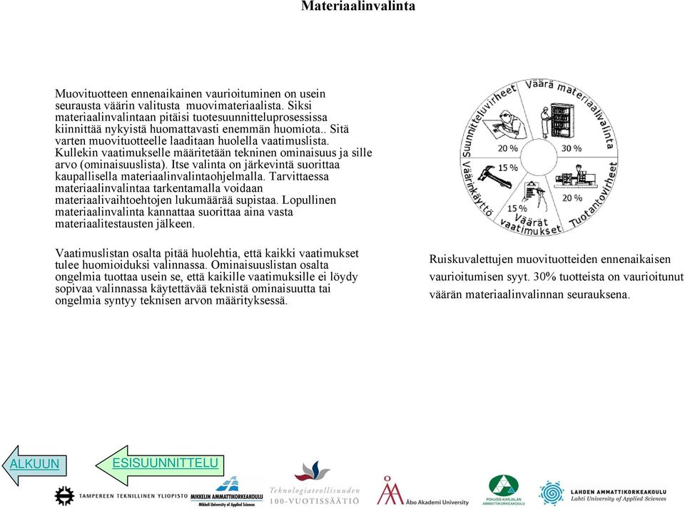 Kullekin vaatimukselle määritetään tekninen ominaisuus ja sille arvo (ominaisuuslista). Itse valinta on järkevintä suorittaa kaupallisella materiaalinvalintaohjelmalla.