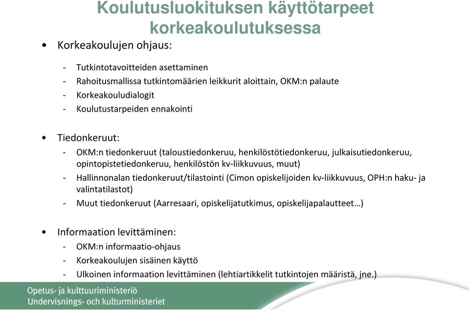 henkilöstön kv liikkuvuus, muut) Hallinnonalan tiedonkeruut/tilastointi (Cimon opiskelijoiden kv liikkuvuus, OPH:n haku ja valintatilastot) Muut tiedonkeruut (Aarresaari,