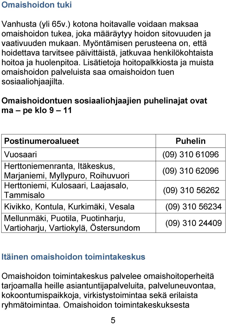 Lisätietoja hoitopalkkiosta ja muista omaishoidon palveluista saa omaishoidon tuen sosiaaliohjaajilta.