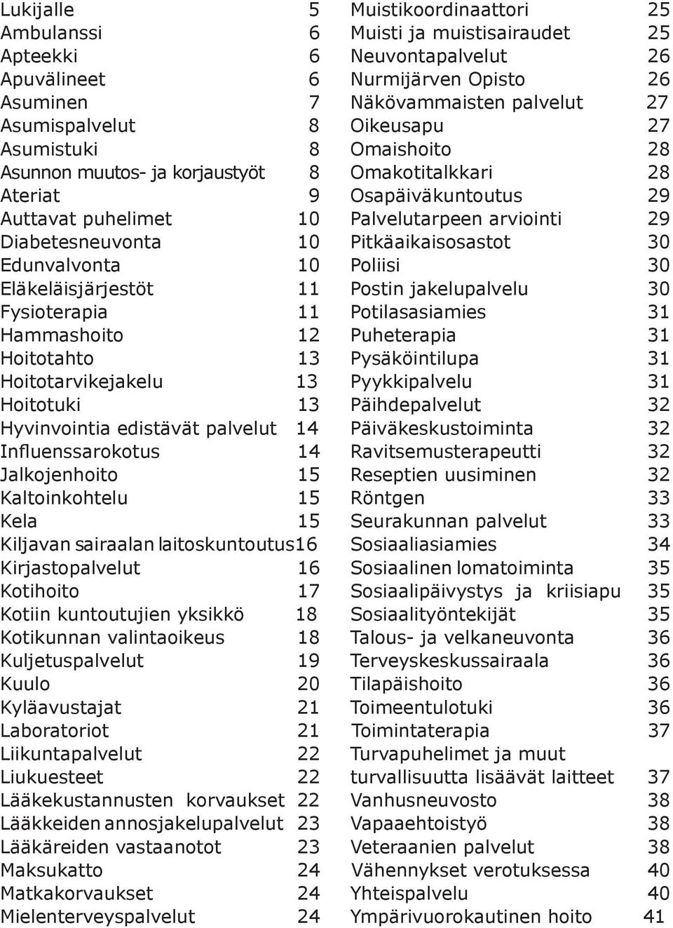 15 Kiljavan sairaalan laitoskuntoutus16 Kirjastopalvelut 16 Kotihoito 17 Kotiin kuntoutujien yksikkö 18 Kotikunnan valintaoikeus 18 Kuljetuspalvelut 19 Kuulo 20 Kyläavustajat 21 Laboratoriot 21