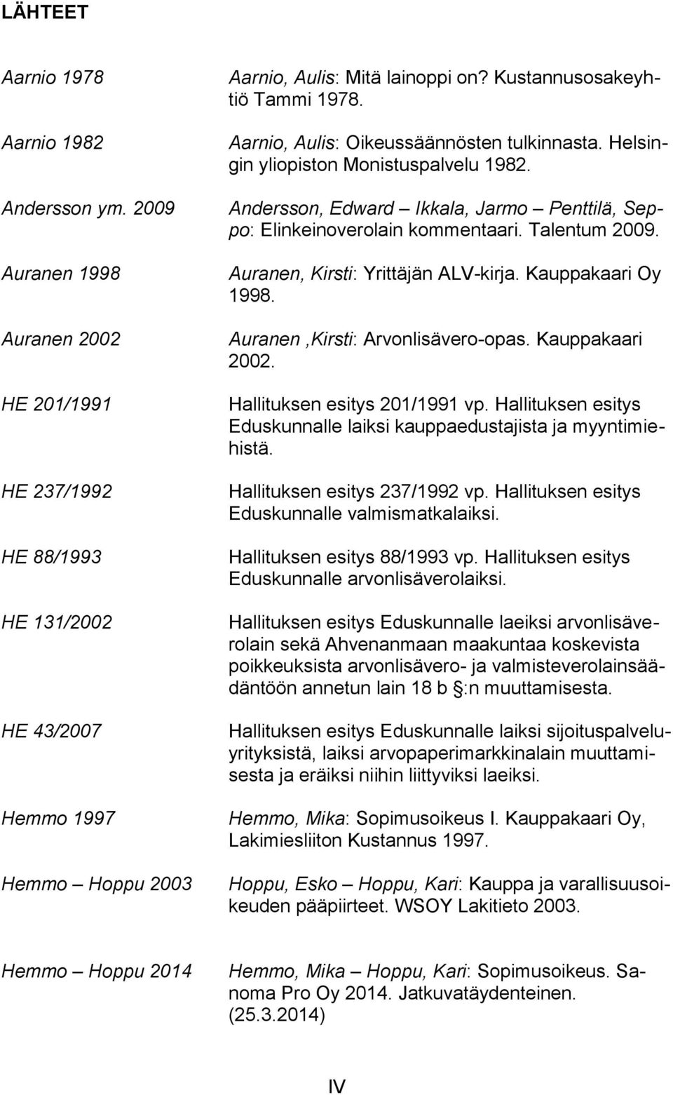 Talentum 2009. Auranen, Kirsti: Yrittäjän ALV-kirja. Kauppakaari Oy 1998. Auranen,Kirsti: Arvonlisävero-opas. Kauppakaari 2002. Hallituksen esitys 201/1991 vp.