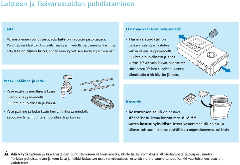 Maski, päähine ja letku Harmaa vaahtomuovisuodatin Harmaa suodatin on pestävä vähintään kahden viikon välein saippuavedellä. Huuhtele huolellisesti ja anna kuivua.