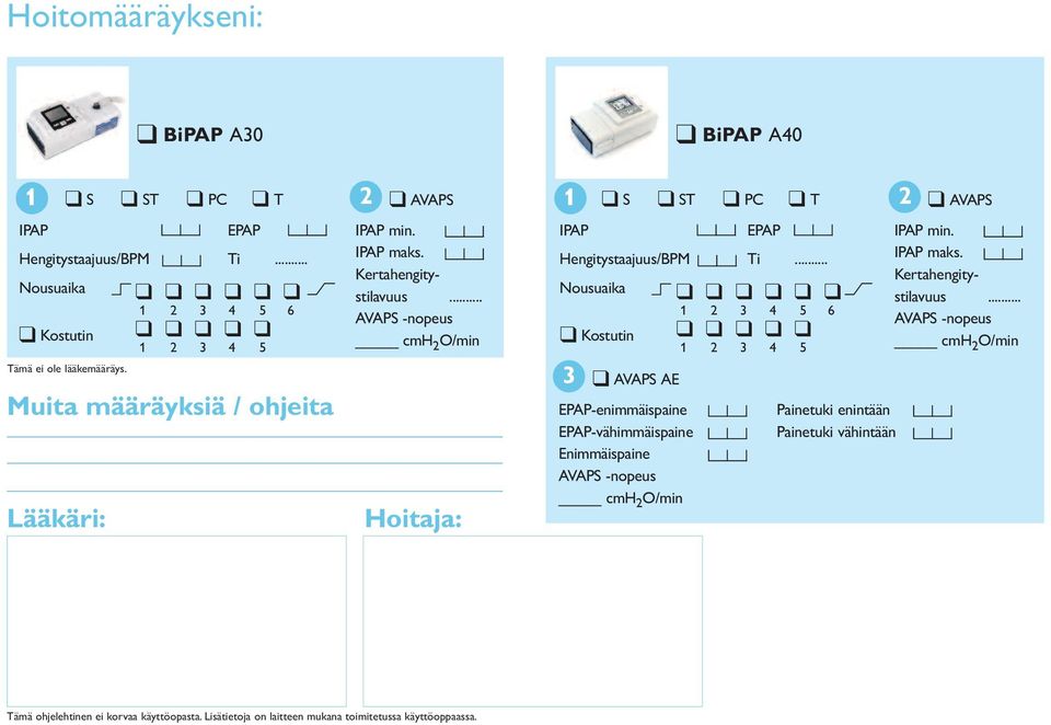 .. AVAPS -nopeus cmh 2 O/min Hoitaja: BiPAP A40 S ST PC T IPAP Hengitystaajuus/BPM Nousuaika Kostutin 3 AVAPS AE EPAP-enimmäispaine EPAP-vähimmäispaine Enimmäispaine