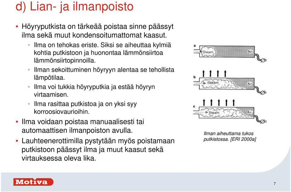 Ilma voi tukkia höyryputkia ja estää höyryn virtaamisen. Ilma rasittaa putkistoa ja on yksi syy korroosiovaurioihin.