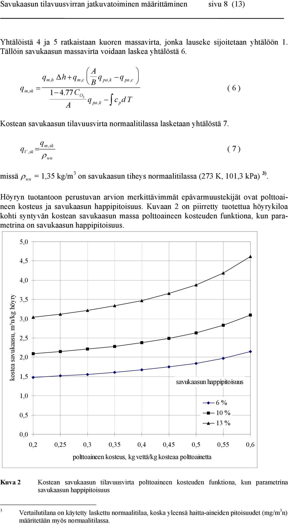 m, sk V, sk = ( 7 ) ρ wn missä ρ wn = 1,35 kg/m 3 on savukaasun tiheys normaalitilassa (73 K, 101,3 kpa) 3).