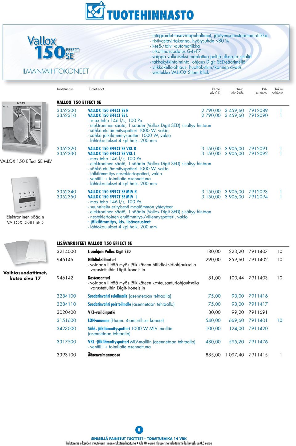 Elektroninen säädin VALLOX DIGIT SED VALLOX 150 EFFECT SE 3352300 VALLOX 150 EFFECT SE R 2 790,00 3 459,60 7912089 1 3352310 VALLOX 150 EFFECT SE L 2 790,00 3 459,60 7912090 1 -- max.