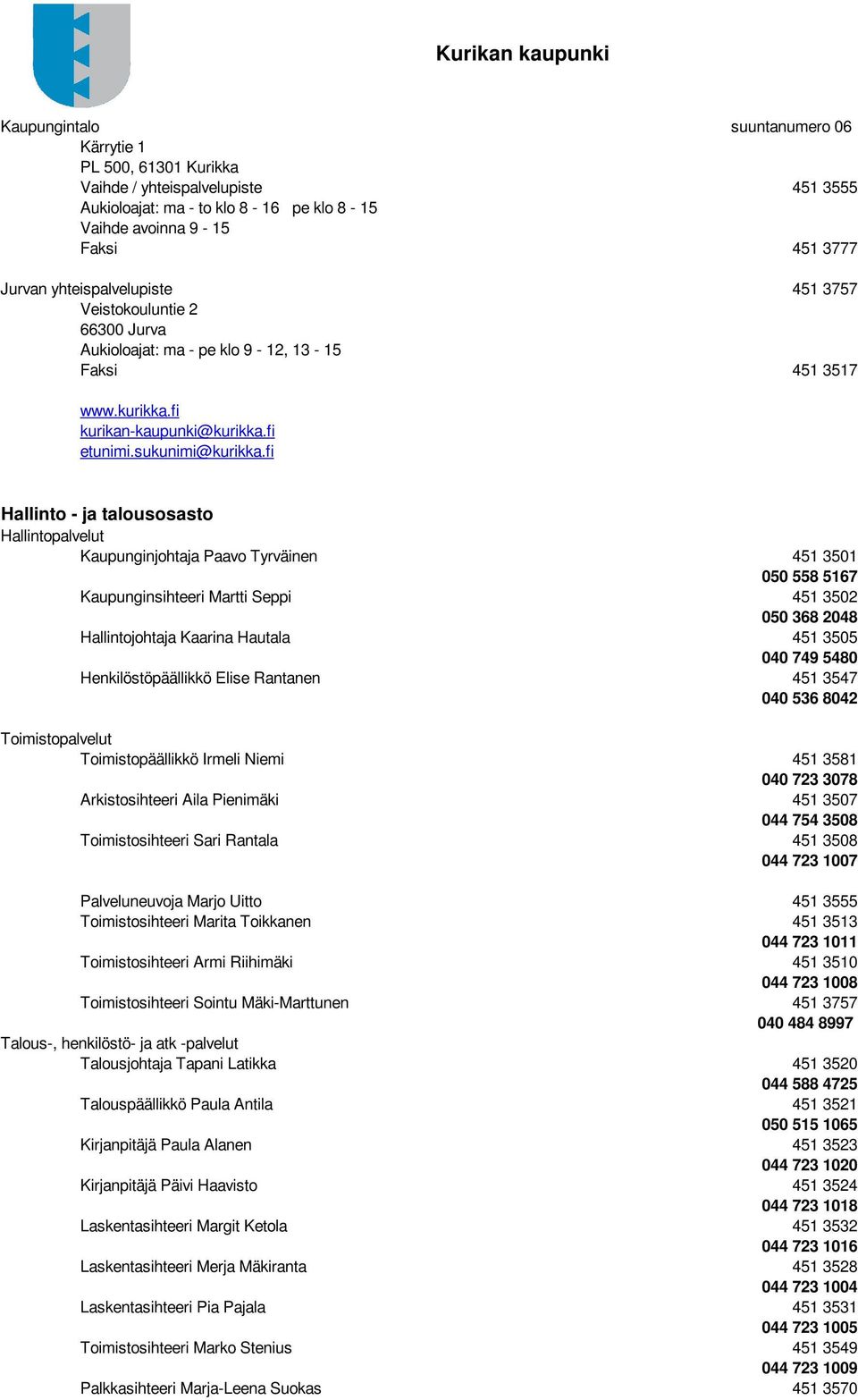 fi Hallinto - ja talousosasto Hallintopalvelut Kaupunginjohtaja Paavo Tyrväinen 451 3501 050 558 5167 Kaupunginsihteeri Martti Seppi 451 3502 050 368 2048 Hallintojohtaja Kaarina Hautala 451 3505 040