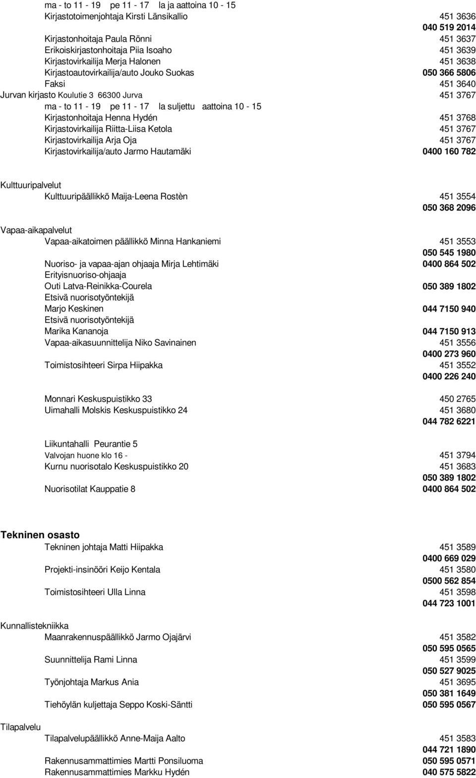 aattoina 10-15 Kirjastonhoitaja Henna Hydén 451 3768 Kirjastovirkailija Riitta-Liisa Ketola 451 3767 Kirjastovirkailija Arja Oja 451 3767 Kirjastovirkailija/auto Jarmo Hautamäki 0400 160 782