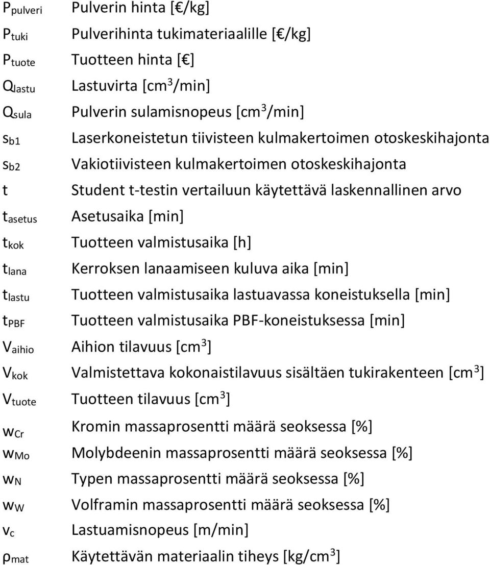 Asetusaika [min] Tuotteen valmistusaika [h] Kerroksen lanaamiseen kuluva aika [min] Tuotteen valmistusaika lastuavassa koneistuksella [min] Tuotteen valmistusaika PBF-koneistuksessa [min] Vaihio