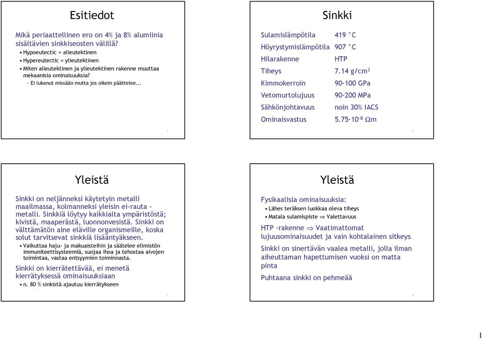 .. Sinkki Sulamislämpötila 419 C Höyrystymislämpötila 907 C Hilarakenne HTP Tiheys 7.14 g/cm 3 Kimmokerroin 90-100 GPa Vetomurtolujuus 90-200 MPa Sähkönjohtavuus noin 30% IACS Ominaisvastus 5.