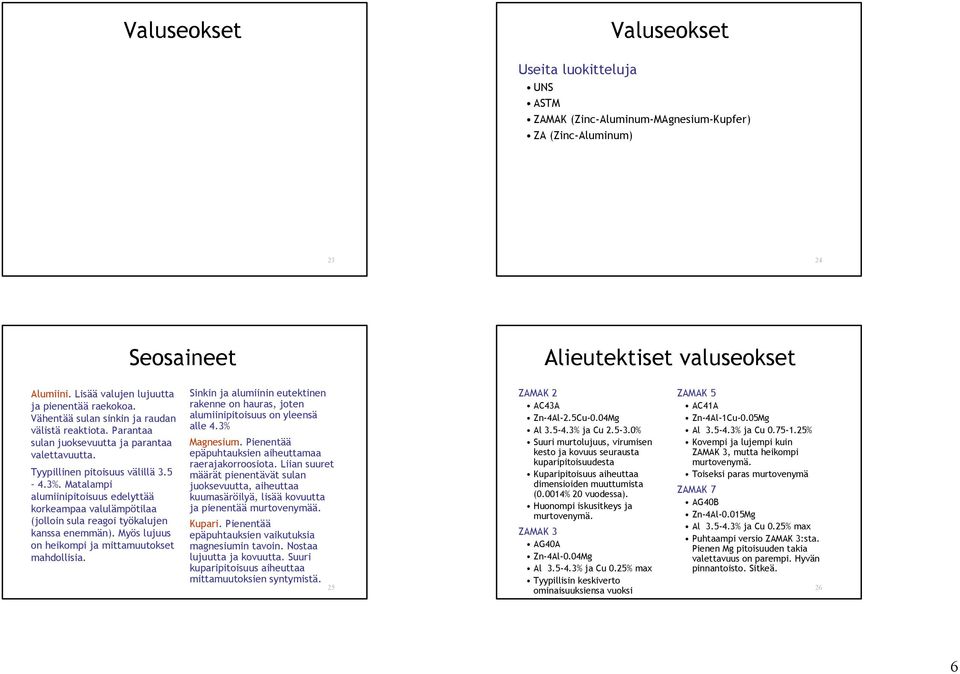 Matalampi alumiinipitoisuus edelyttää korkeampaa valulämpötilaa (jolloin sula reagoi työkalujen kanssa enemmän). Myös lujuus on heikompi ja mittamuutokset mahdollisia.