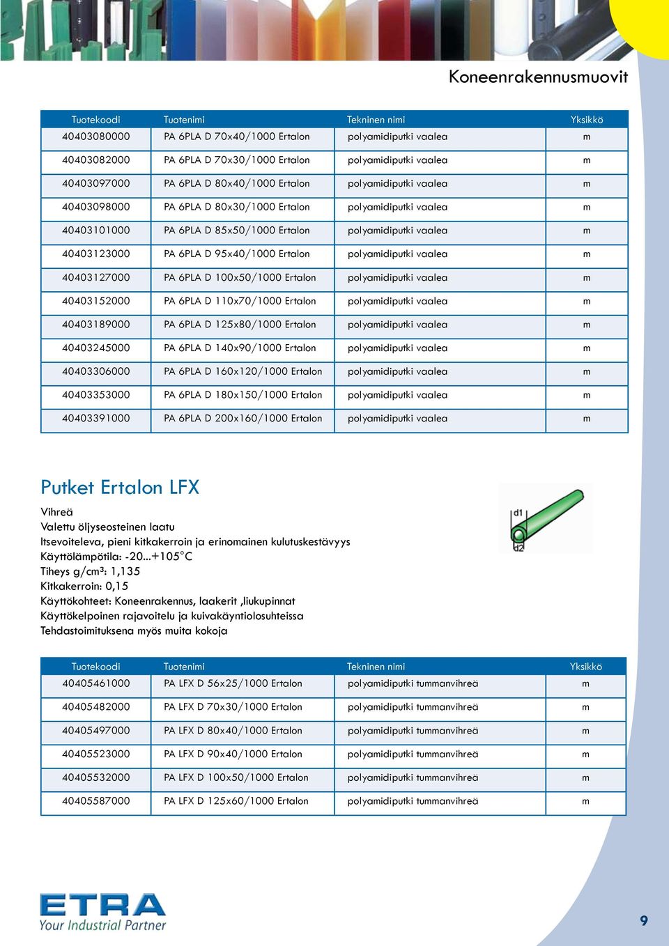 polyamidiputki vaalea m 40403127000 PA 6PLA D 100x50/1000 Ertalon polyamidiputki vaalea m 40403152000 PA 6PLA D 110x70/1000 Ertalon polyamidiputki vaalea m 40403189000 PA 6PLA D 125x80/1000 Ertalon