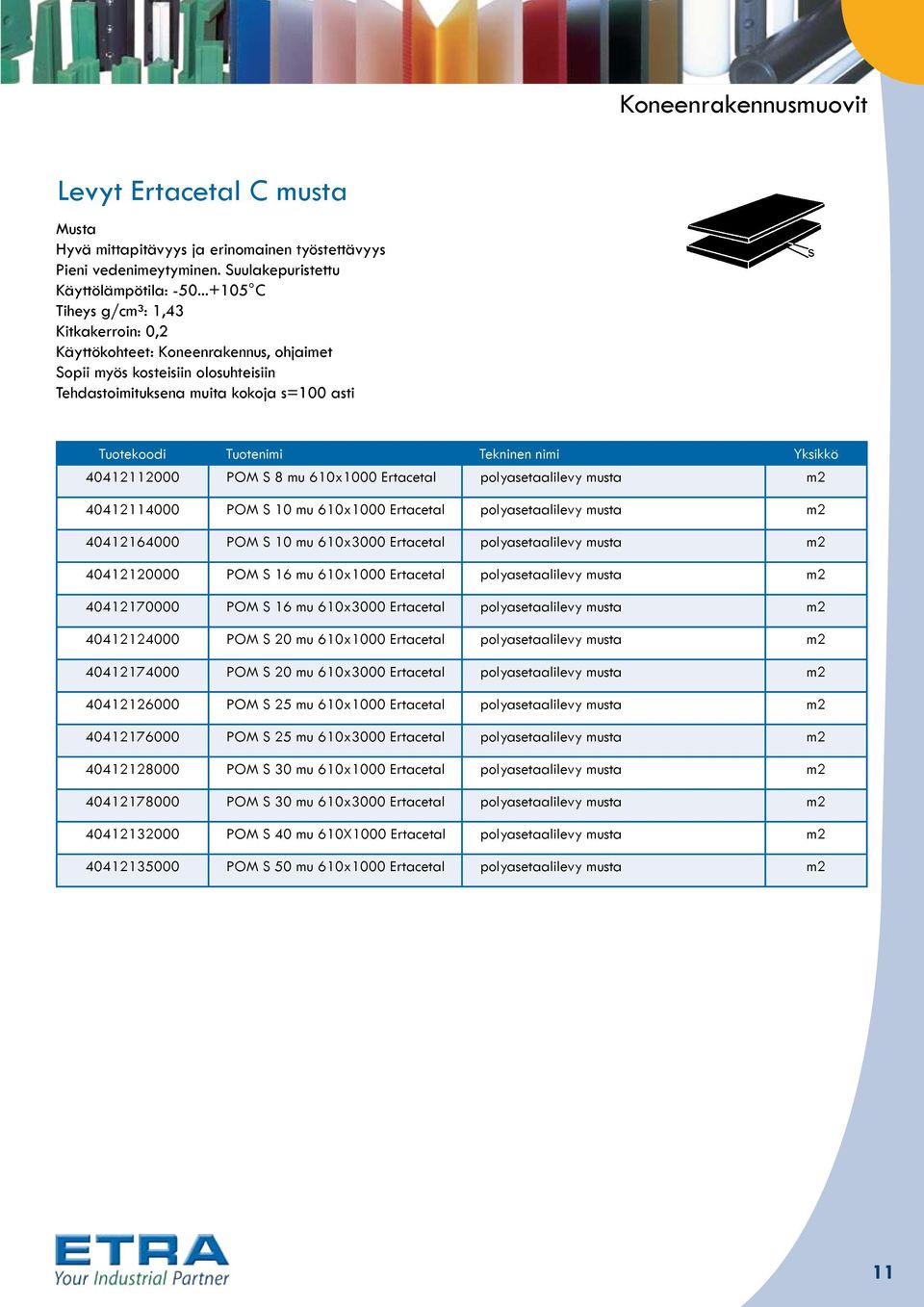 Ertacetal polyasetaalilevy musta m2 40412114000 POM S 10 mu 610x1000 Ertacetal polyasetaalilevy musta m2 40412164000 POM S 10 mu 610x3000 Ertacetal polyasetaalilevy musta m2 40412120000 POM S 16 mu