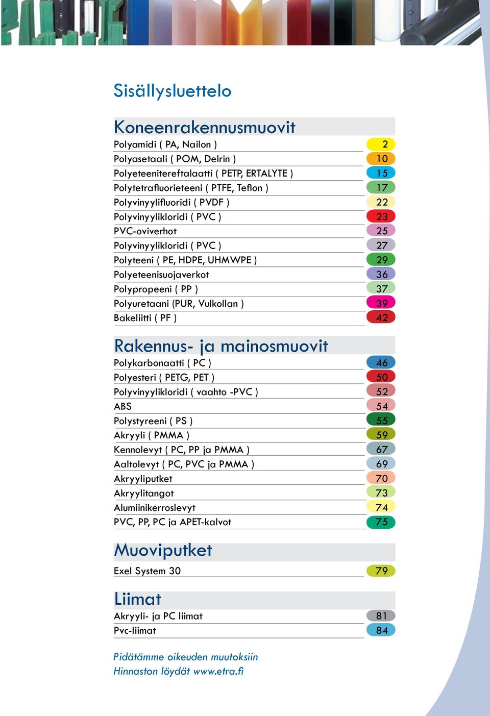 Polyuretaani (PUR, Vulkollan ) 39 Bakeliitti ( PF ) 42 Rakennus- ja mainosmuovit Polykarbonaatti ( PC ) 46 Polyesteri ( PETG, PET ) 50 Polyvinyylikloridi ( vaahto -PVC ) 52 ABS 54 Polystyreeni ( PS )