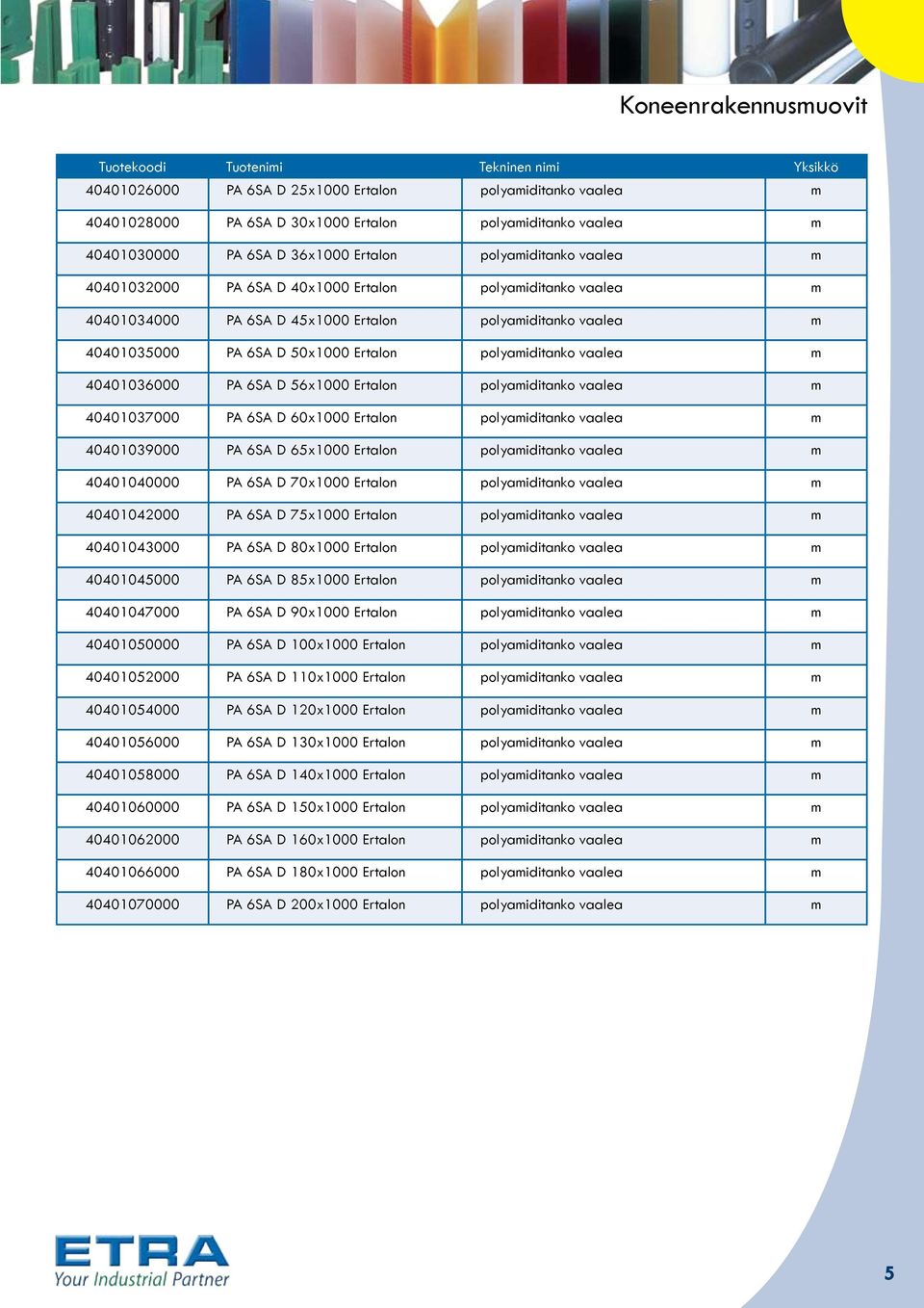 40401036000 PA 6SA D 56x1000 Ertalon polyamiditanko vaalea m 40401037000 PA 6SA D 60x1000 Ertalon polyamiditanko vaalea m 40401039000 PA 6SA D 65x1000 Ertalon polyamiditanko vaalea m 40401040000 PA