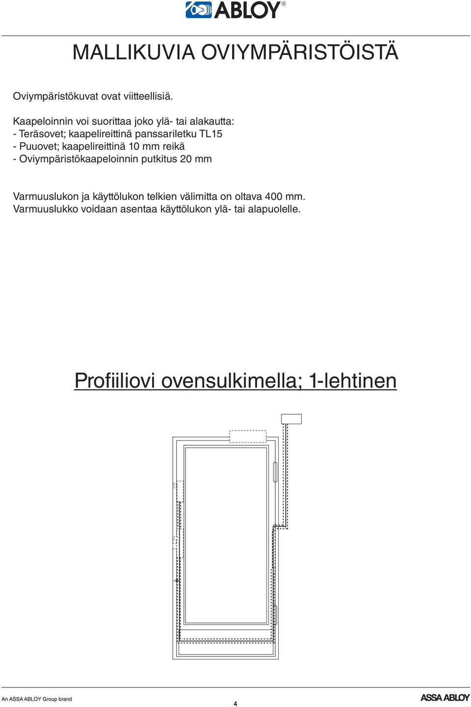 Puuovet; kaapelireittinä 10 mm reikä - Oviympäristökaapeloinnin putkitus 20 mm Varmuuslukon ja