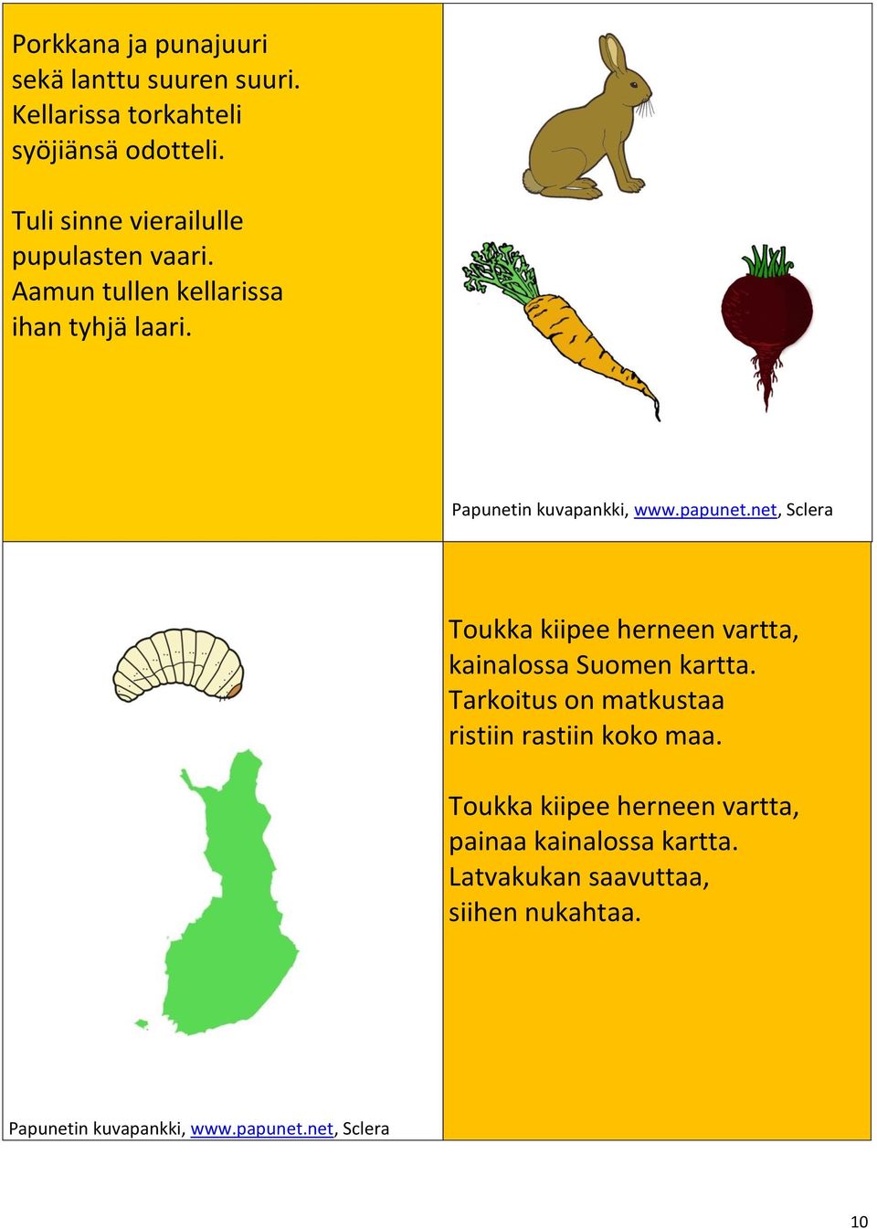 net, Sclera Toukka kiipee herneen vartta, kainalossa Suomen kartta. Tarkoitus on matkustaa ristiin rastiin koko maa.