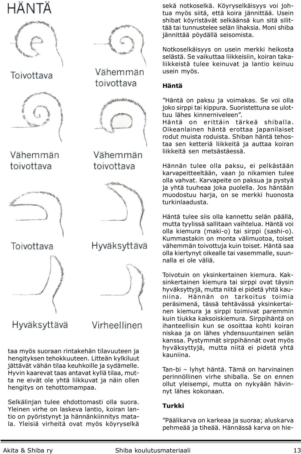 Häntä Häntä on paksu ja voimakas. Se voi olla joko sirppi tai kippura. Suoristettuna se ulottuu lähes kinnerniveleen. Häntä on erittäin tärkeä shiballa.