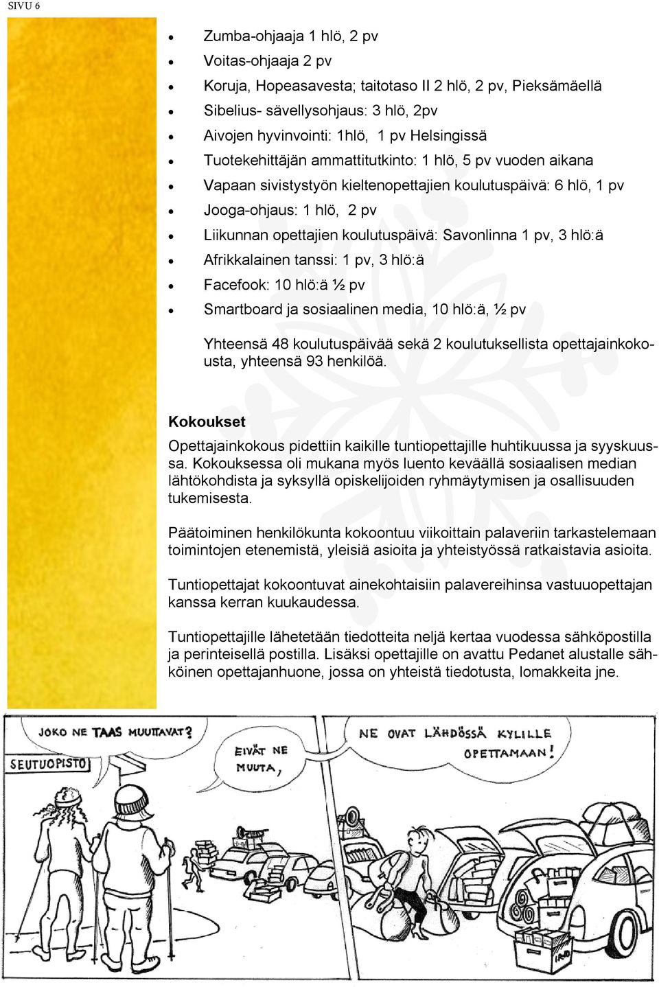 pv, 3 hlö:ä Afrikkalainen tanssi: 1 pv, 3 hlö:ä Facefook: 10 hlö:ä ½ pv Smartboard ja sosiaalinen media, 10 hlö:ä, ½ pv Yhteensä 48 koulutuspäivää sekä 2 koulutuksellista opettajainkokousta, yhteensä