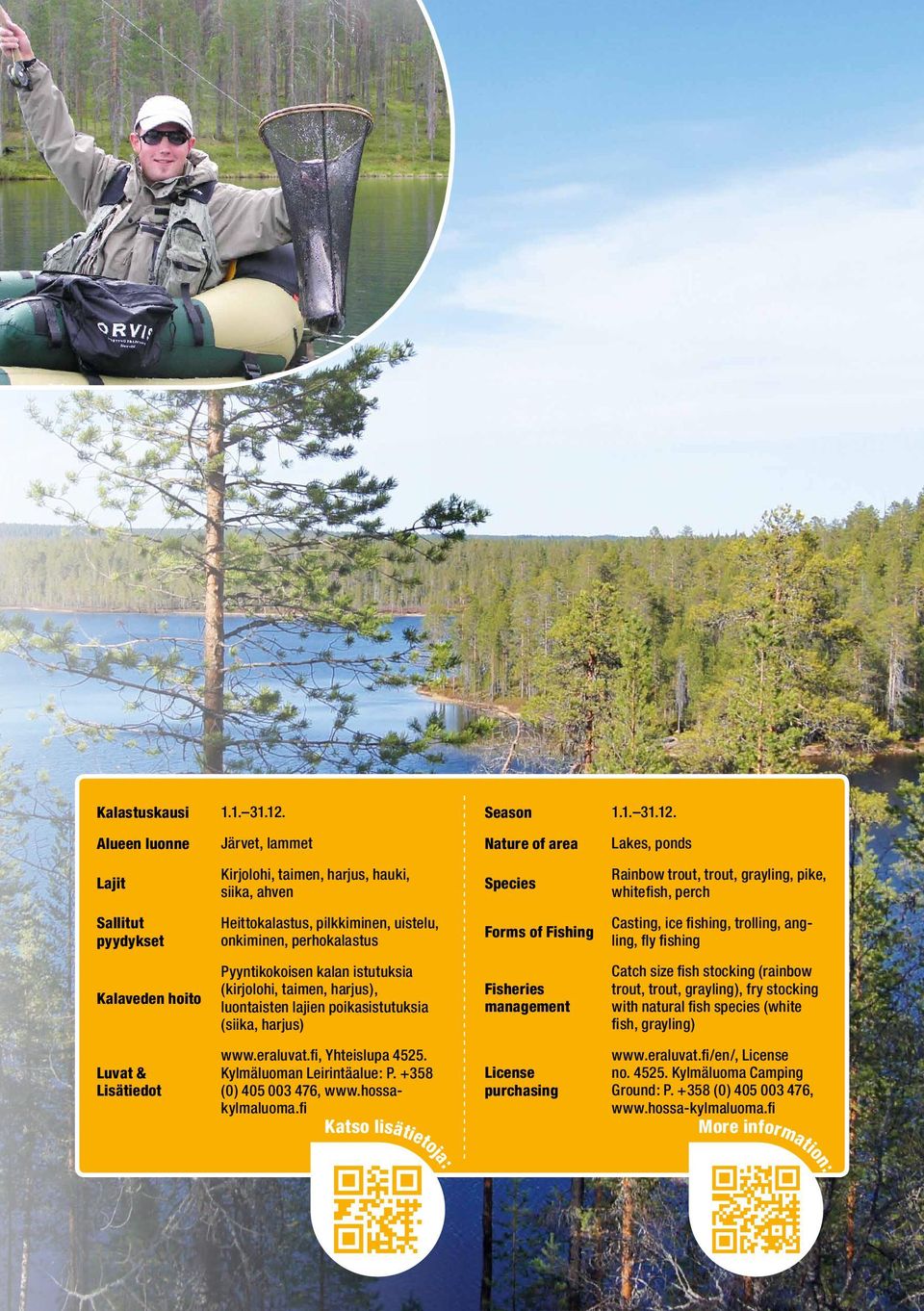 Pyyntikokoisen kalan istutuksia (kirjolohi, taimen, harjus), luontaisten lajien poikasistutuksia (siika, harjus) www.eraluvat.fi, Yhteislupa 4525. Kylmäluoman Leirintäalue: P.